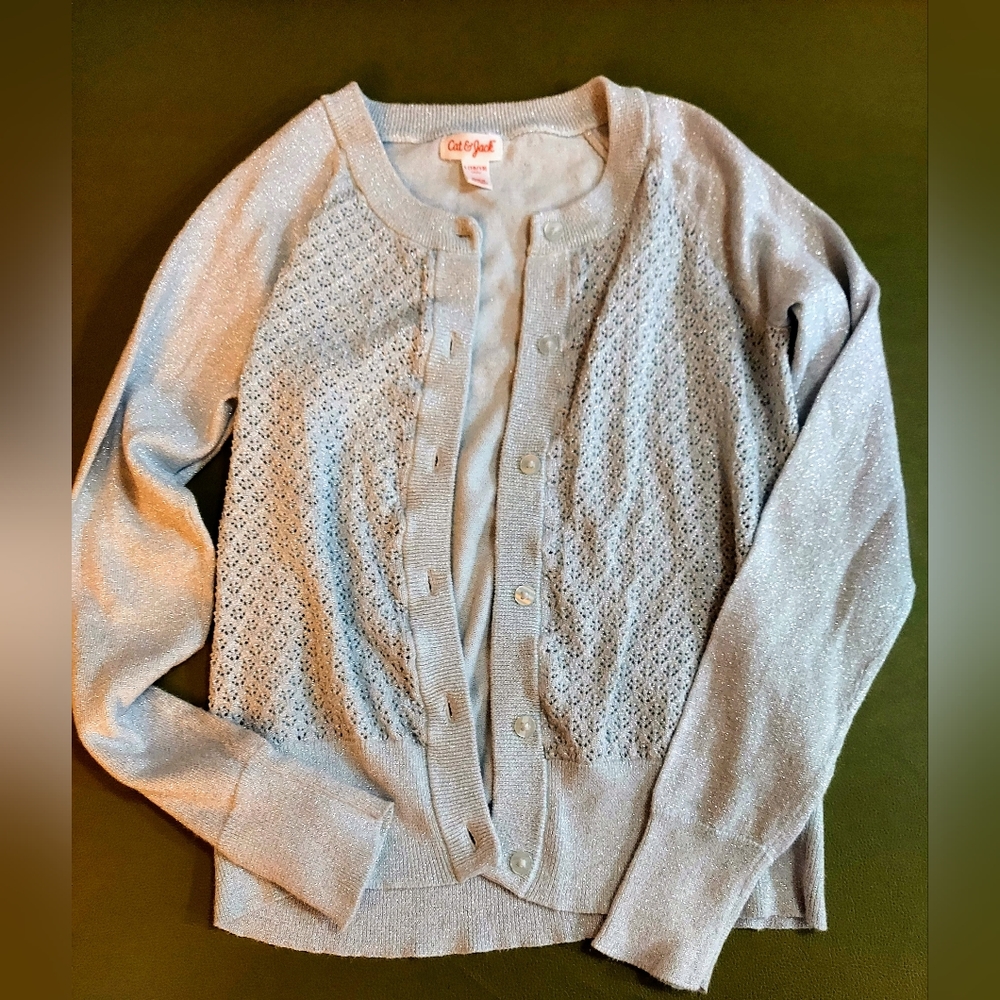 Cat & Jack Girl's 10/12 Sparkly, Light Blue Button Down Cardigan